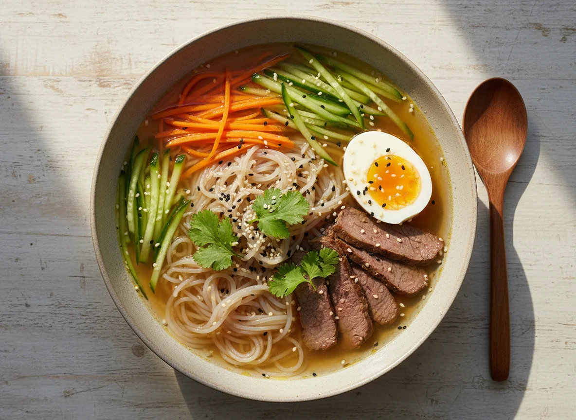 Sopa de fideos con ternera y huevo photo