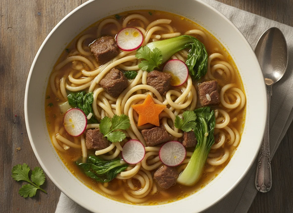 Sopa de fideos con ternera y verduras photo