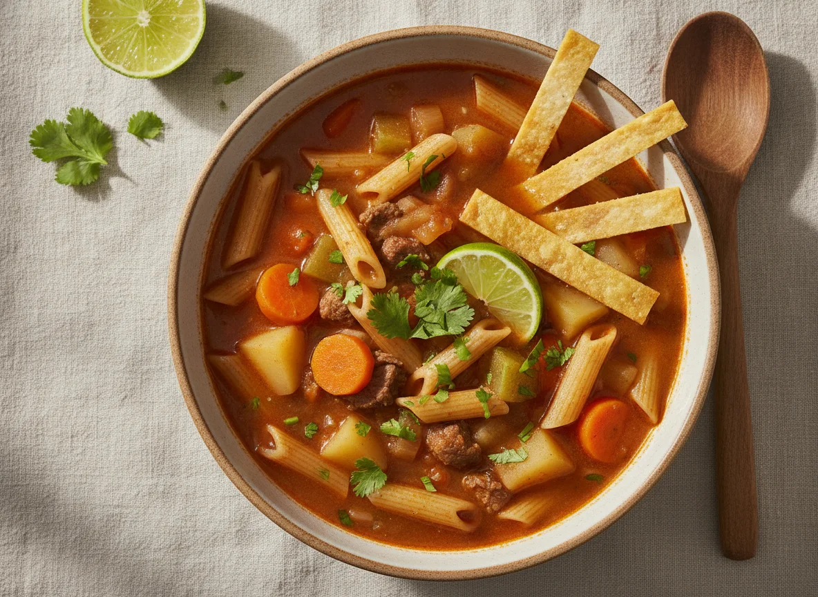 Sopa de fideos con verduras y tortillas photo