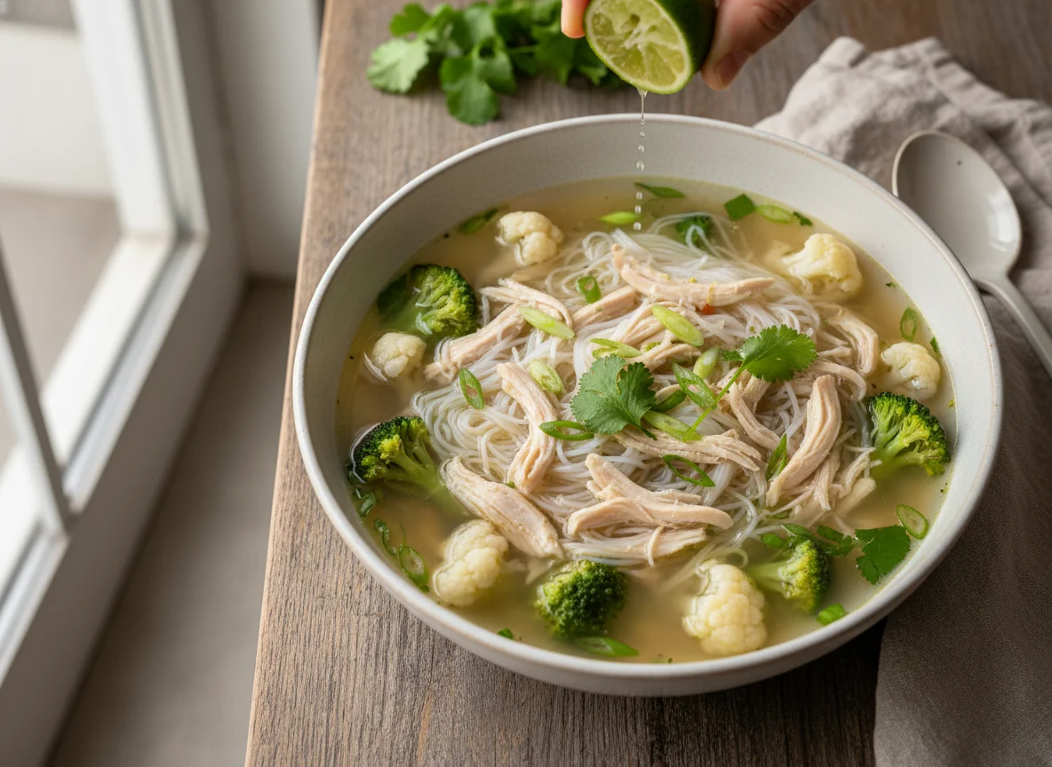 Sopa de fideos de arroz con pollo y vegetales photo