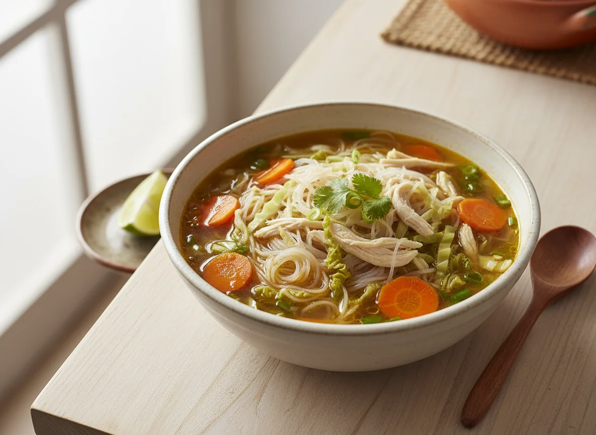 Sopa de fideos de arroz con verduras photo
