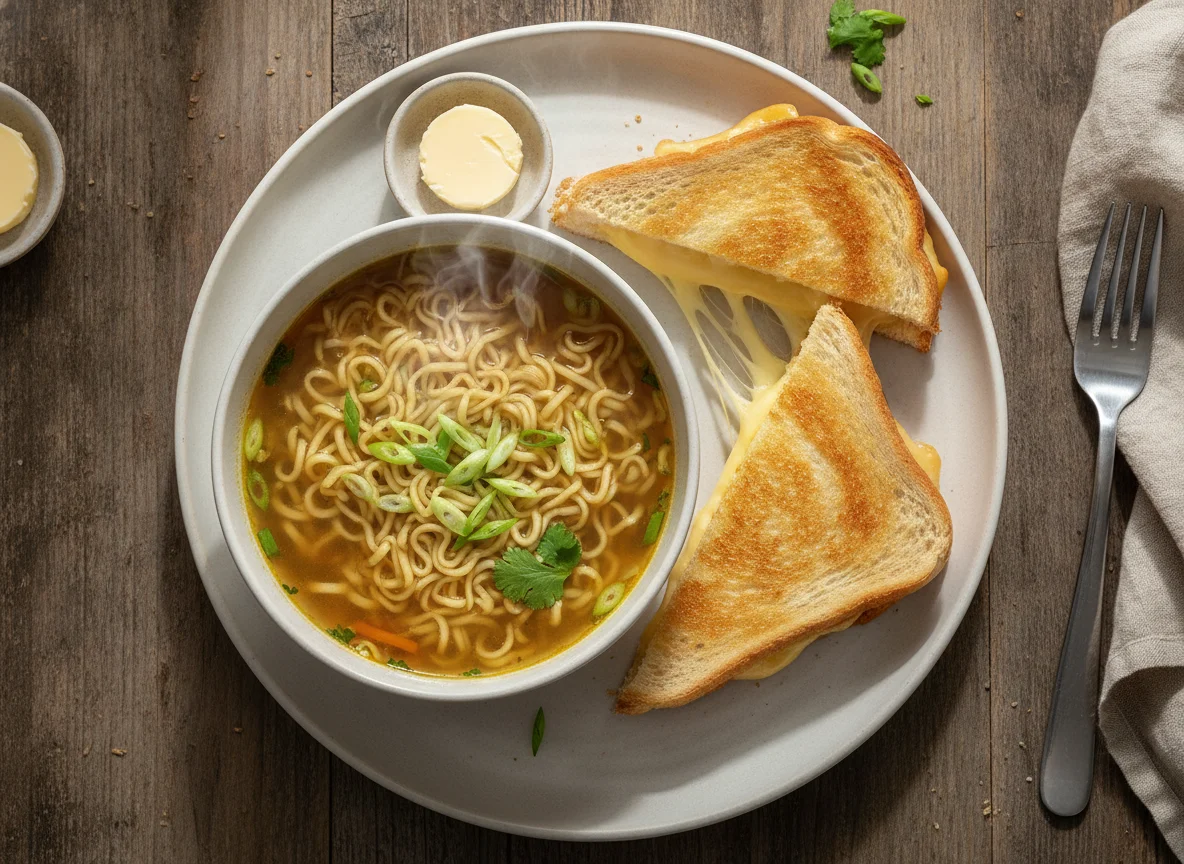 Sopa de fideos instantáneos y sándwich tostado photo