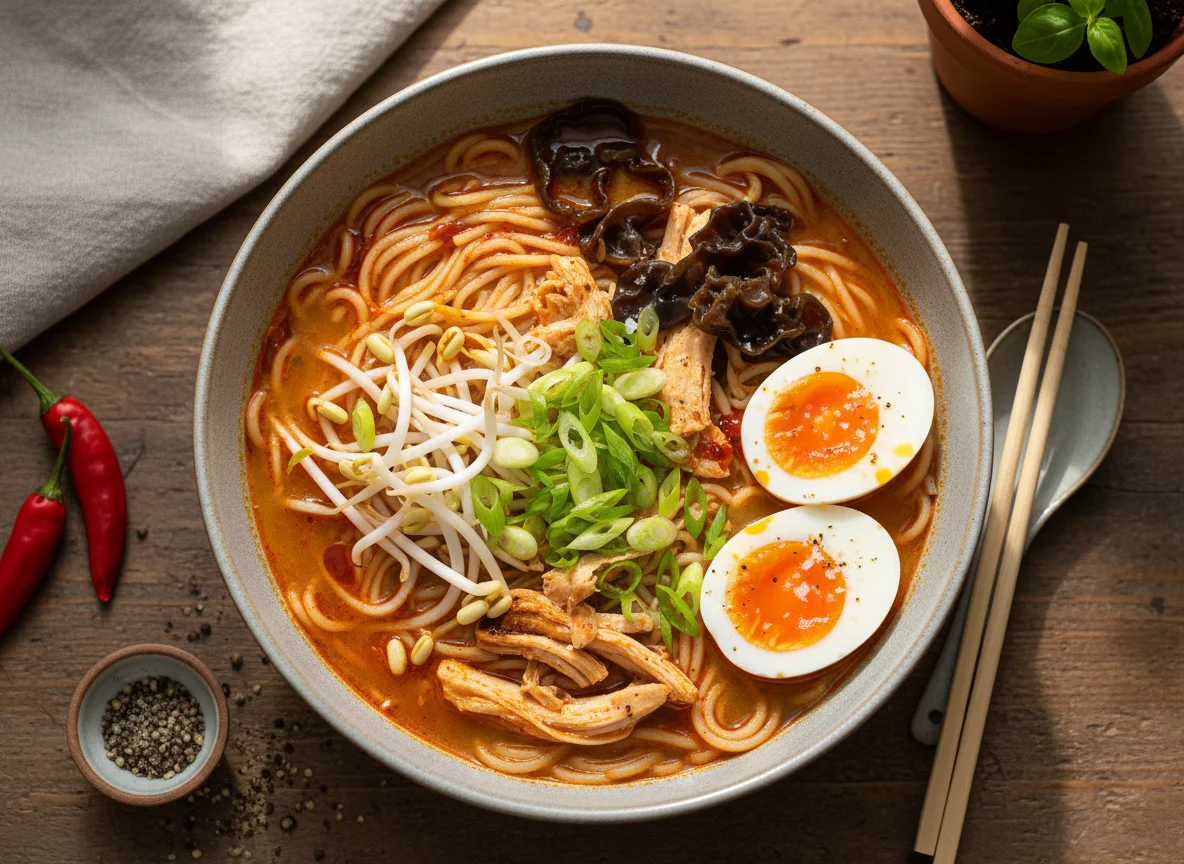 Sopa de fideos picante con pollo y huevo photo
