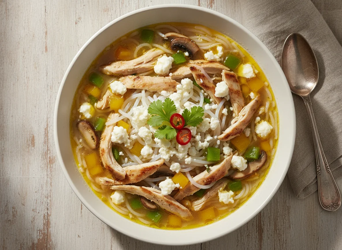 Sopa de fideos shirataki con pollo y pimientos photo