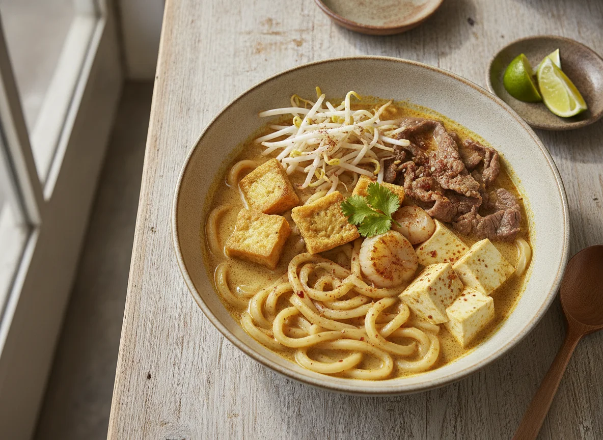 Sopa de fideos Udon con carne y tofu photo