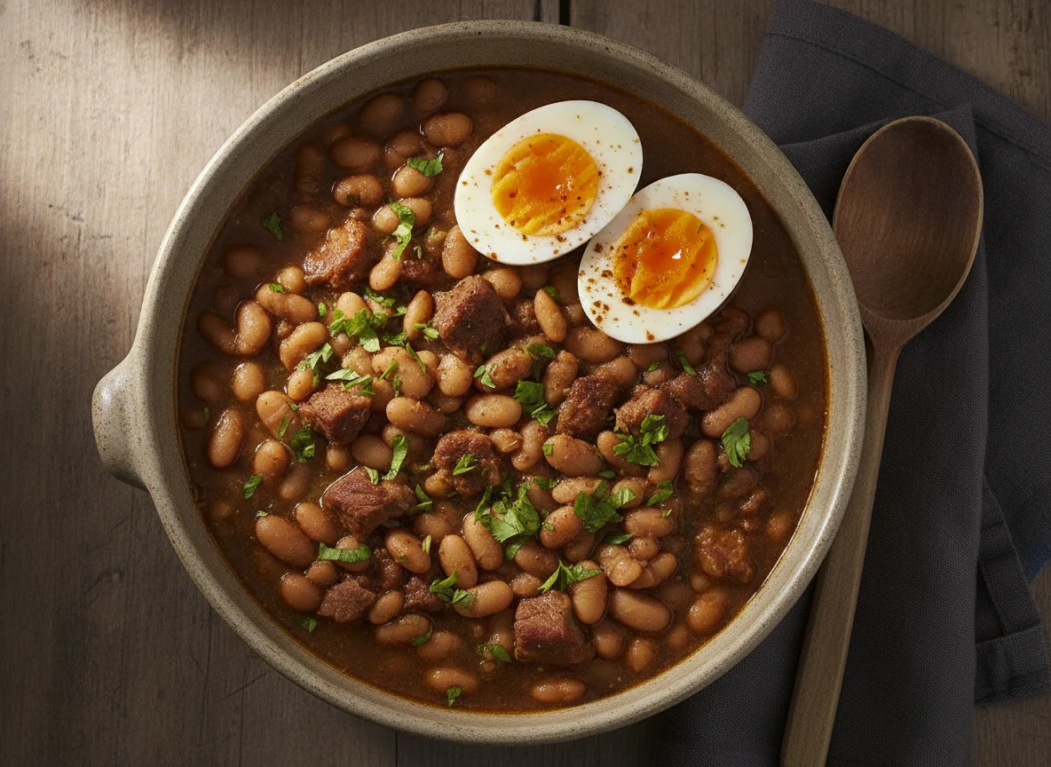 Sopa de frijoles con carne y huevos cocidos photo