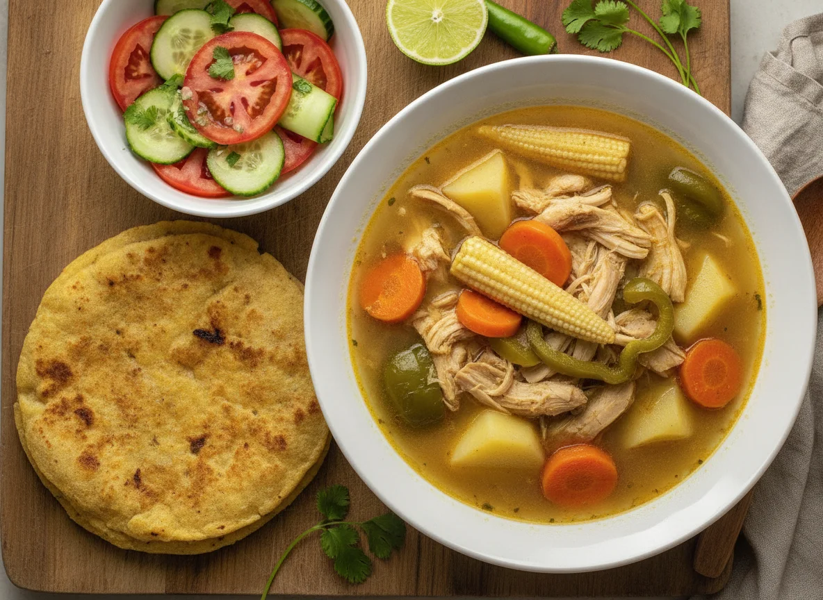 Sopa de gallina con tortilla y ensalada fresca photo