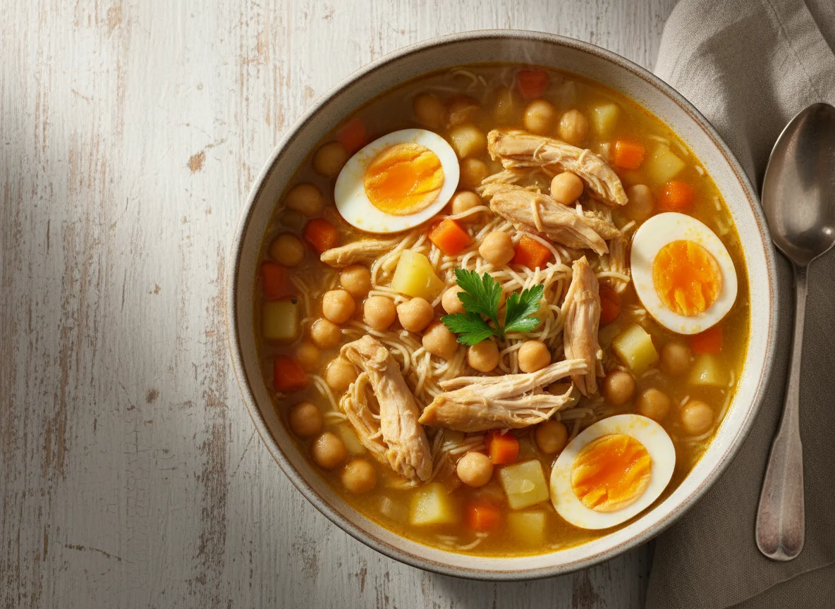 Sopa de garbanzos con pollo y fideos photo