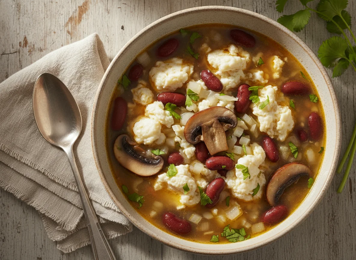 Sopa de huevo con frijoles y champiñones photo