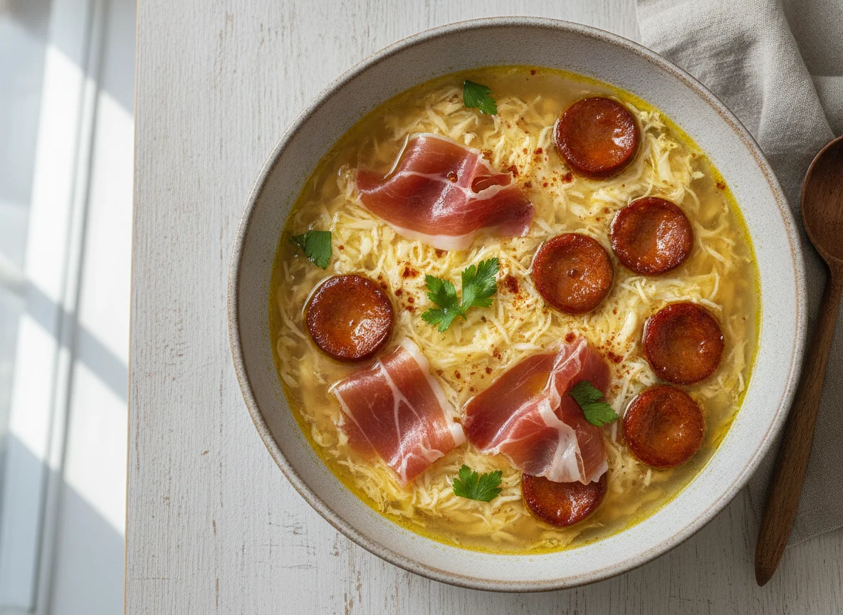 Sopa de huevo con jamón serrano y chorizos fritos photo