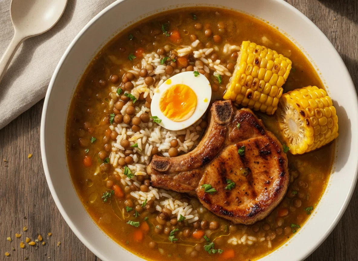 Sopa de lentejas con arroz, huevo y chuleta de cerdo photo
