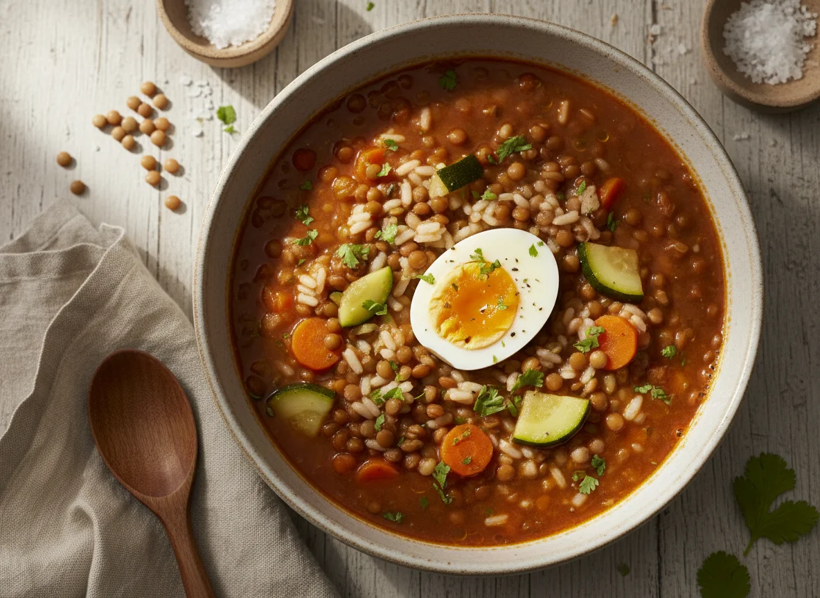 Sopa de lentejas con arroz y huevo photo