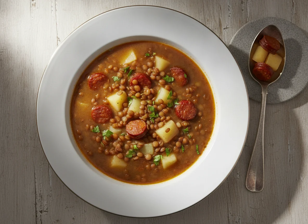 Sopa de lentejas con chorizo photo