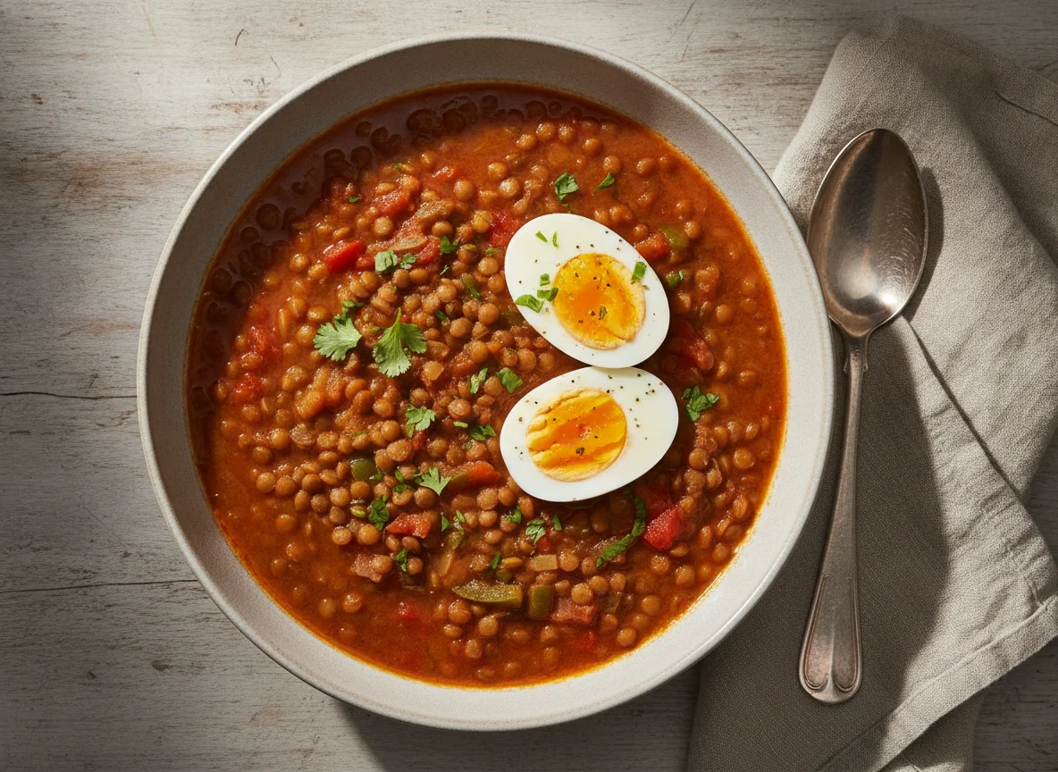 Sopa de lentejas con huevo photo