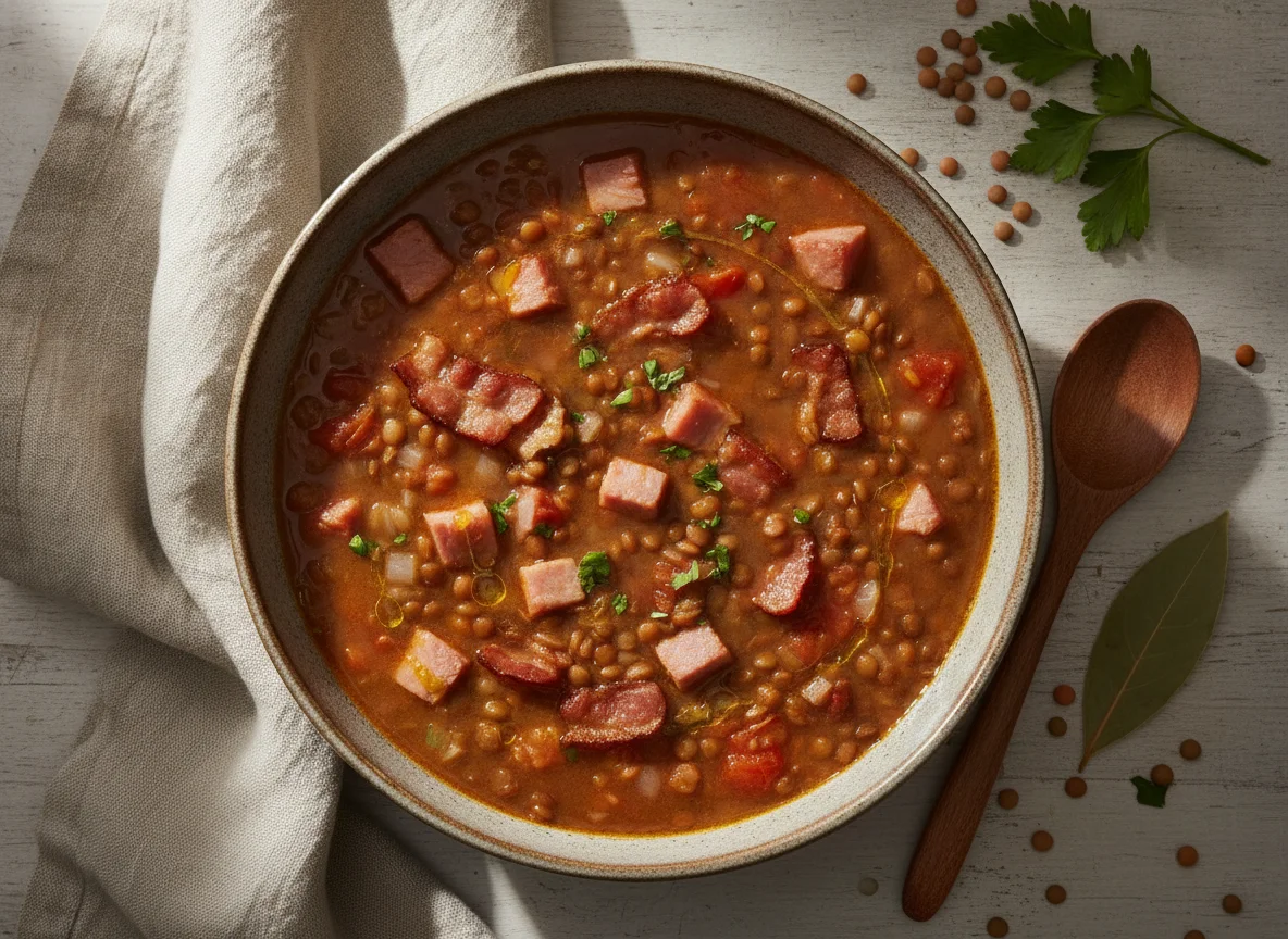 Sopa de lentejas con jamón y tocino photo