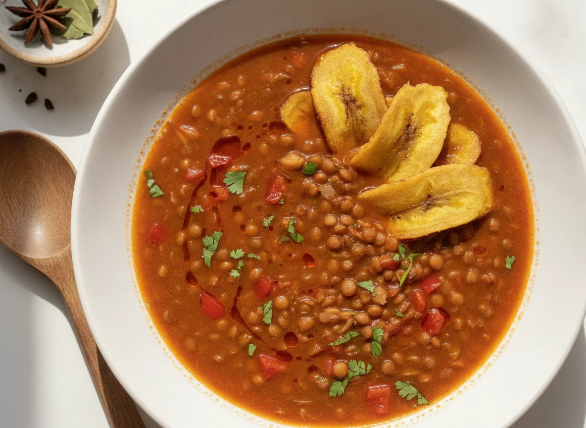Sopa de lentejas con plátano macho photo