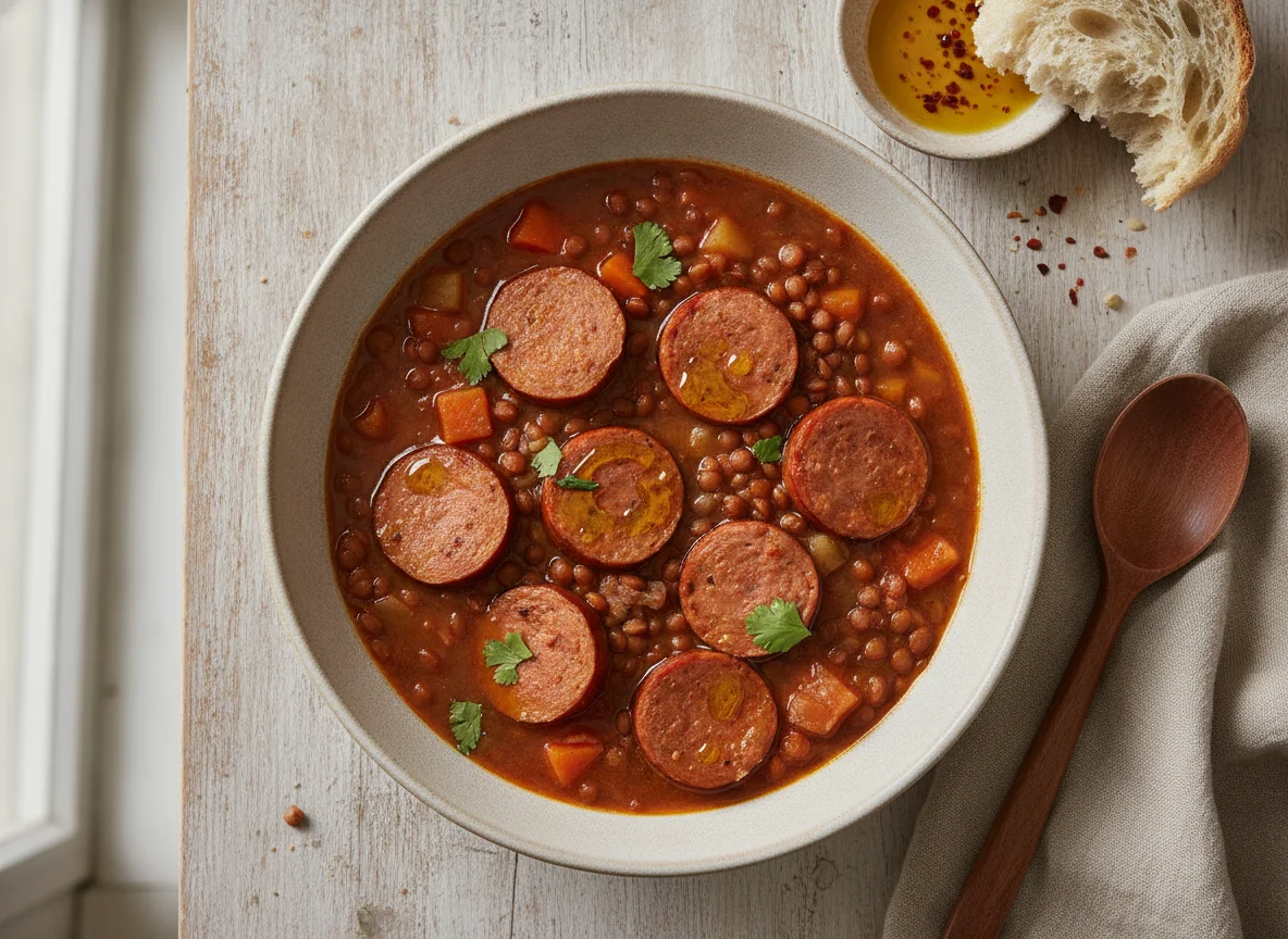 Sopa de lentejas con salchicha photo