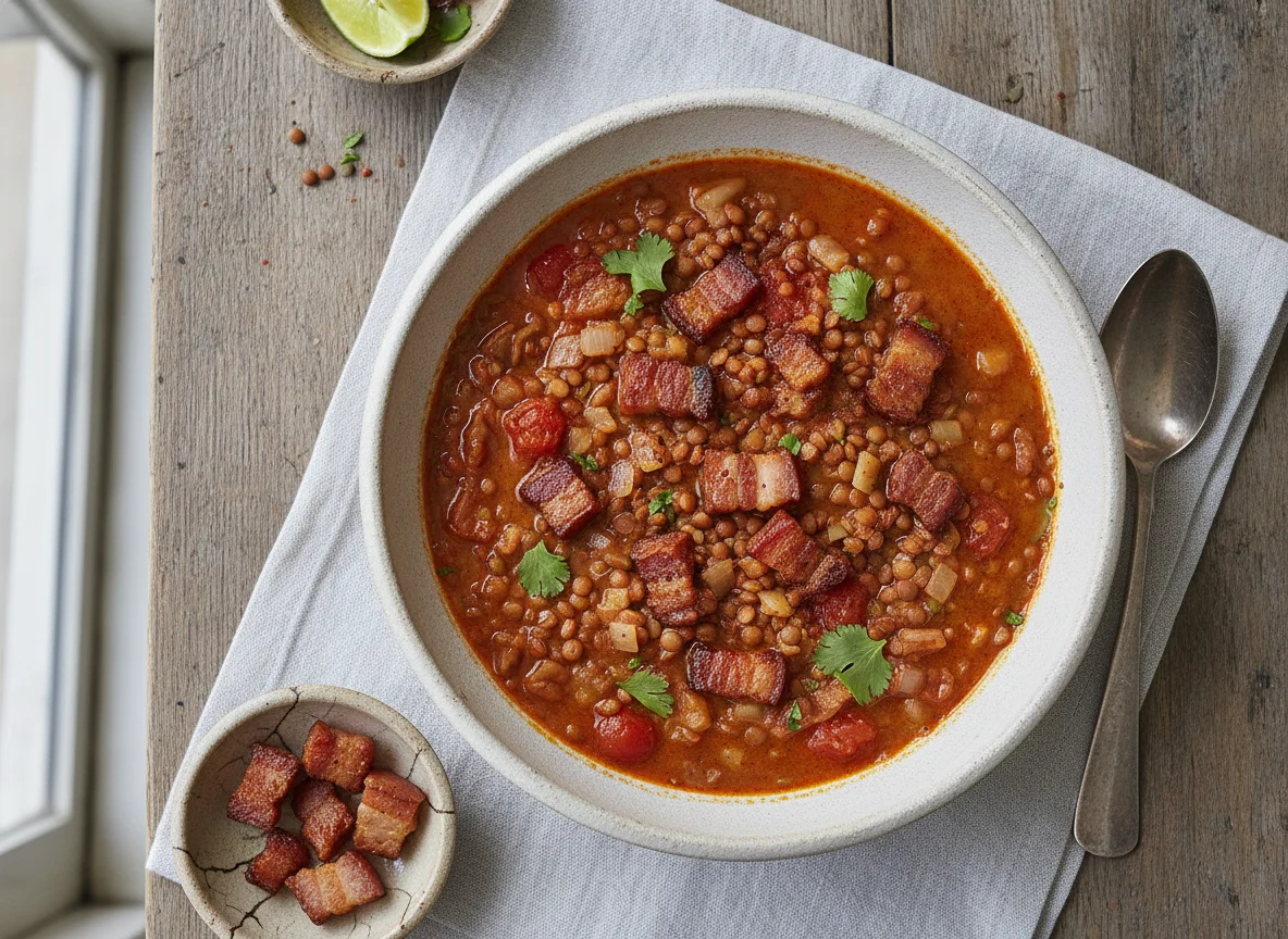 Sopa de lentejas con tocino photo