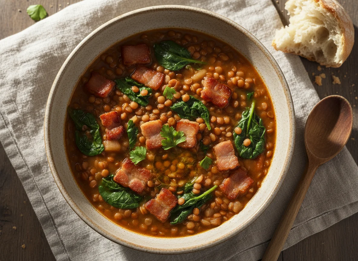 Sopa de lentejas con tocino y espinacas photo