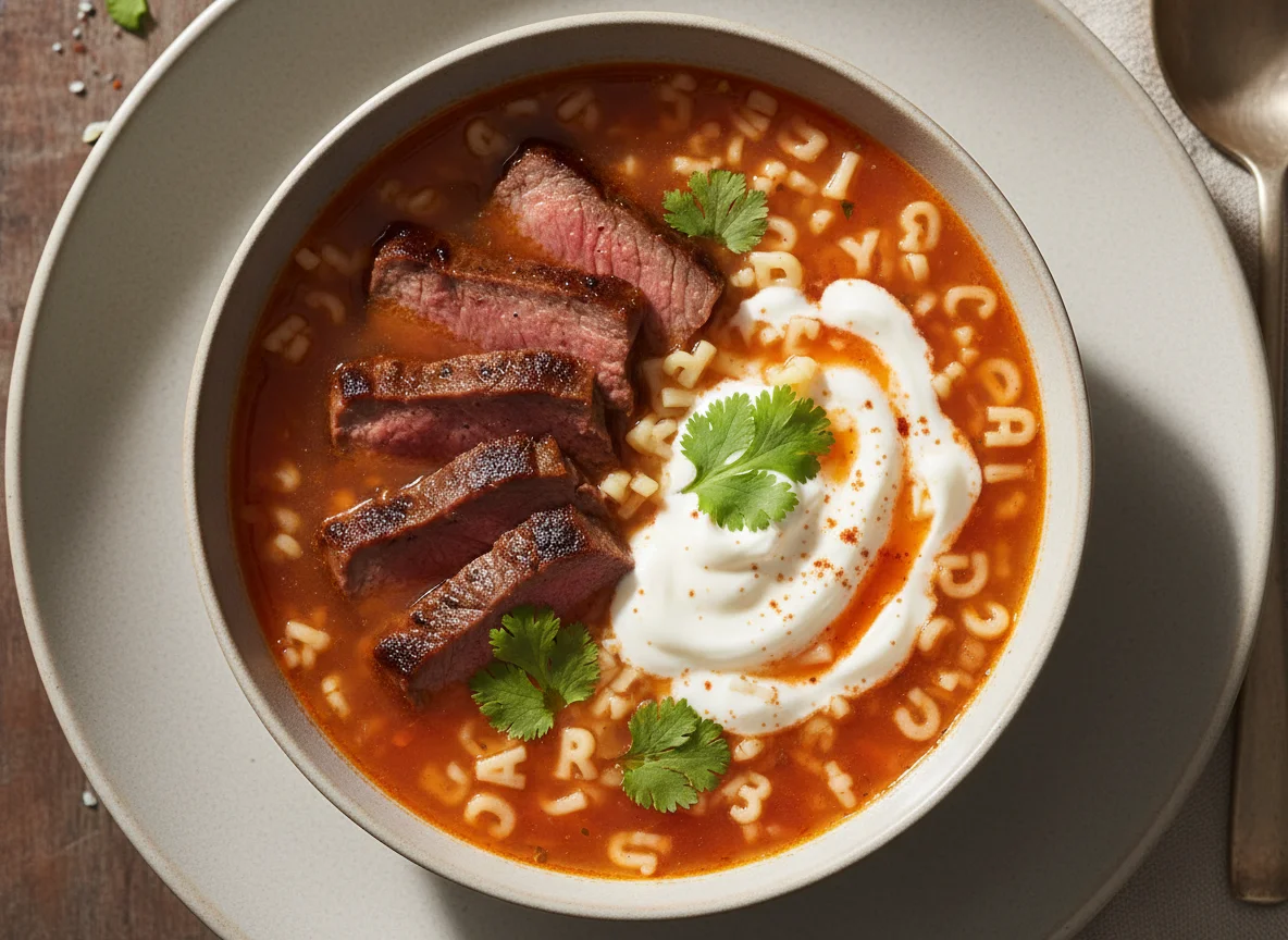 Sopa de letras con bistec y crema photo