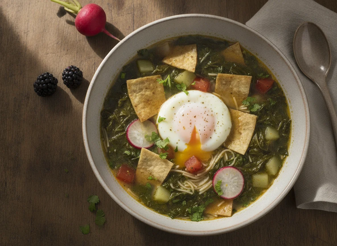 Sopa de mora con huevo y tortilla photo