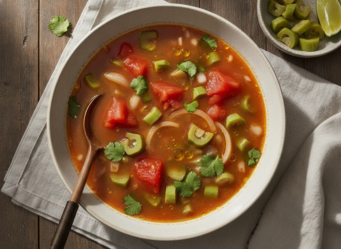 Sopa de nopales con jitomate y cebolla photo