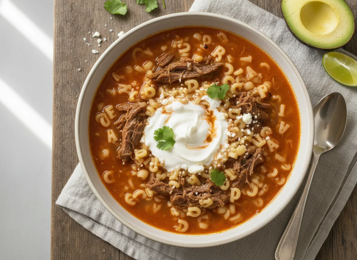Sopa de pasta con carne y crema photo