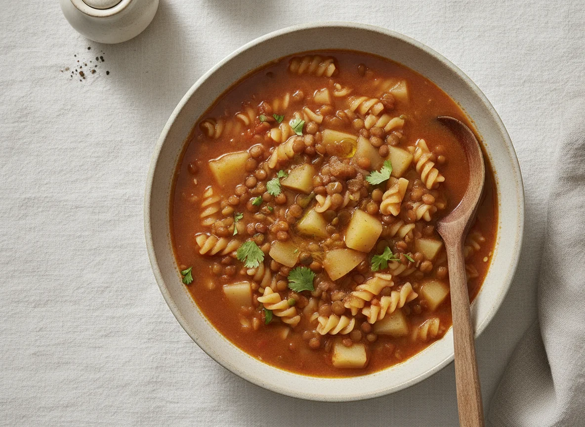 Sopa de pasta con lentejas y papas photo