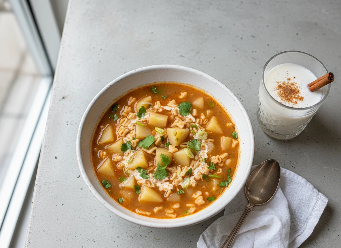 Sopa de pasta con papas y bebida de arroz photo