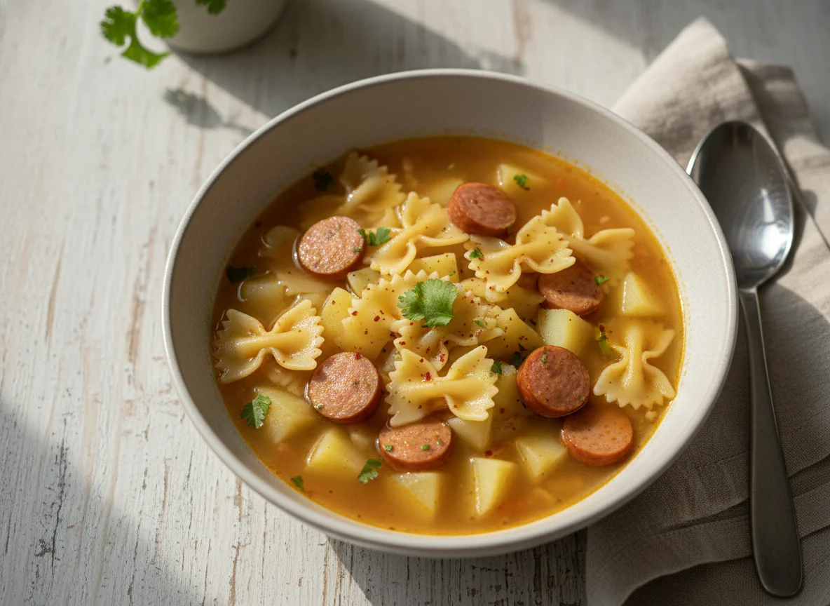Sopa de pasta con papas y vienesas photo