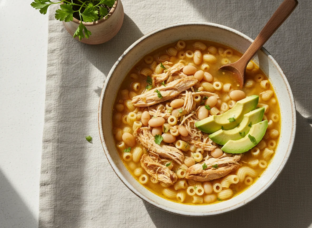 Sopa de pasta con pollo, frijoles y aguacate photo
