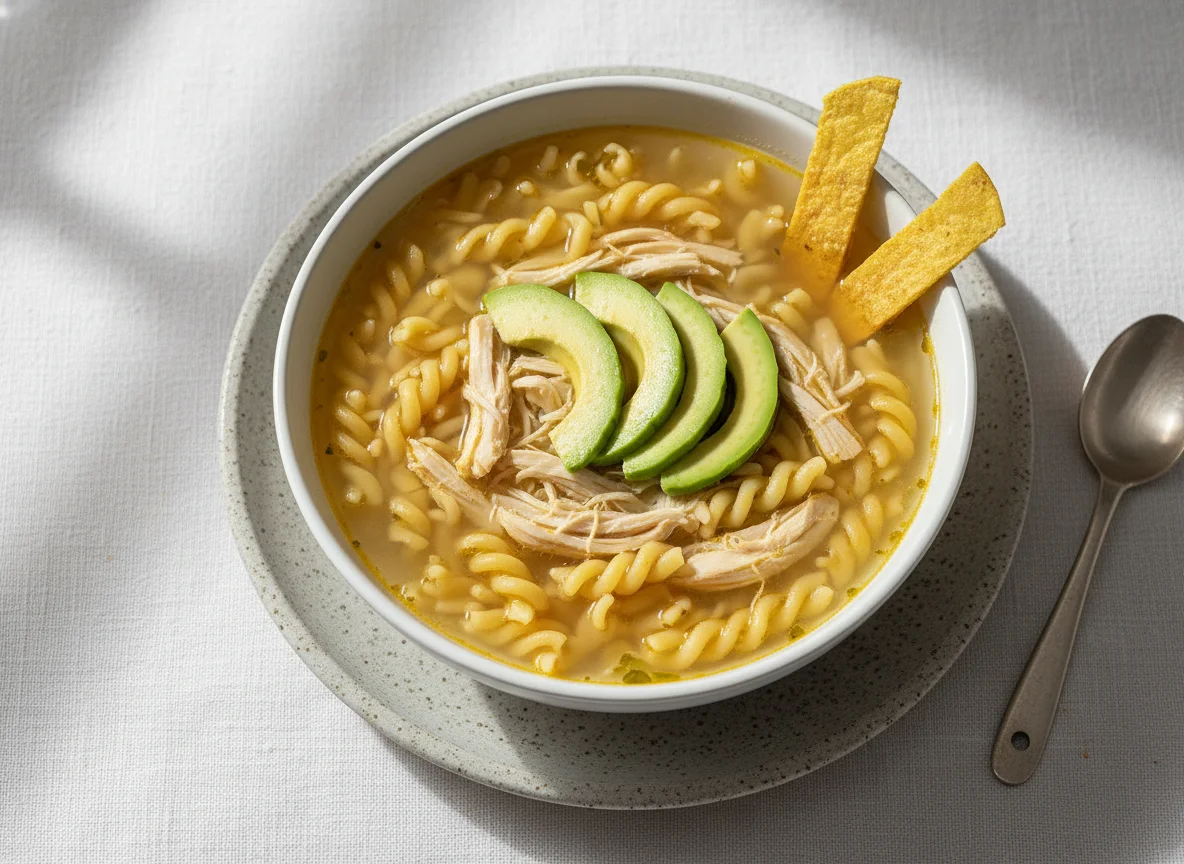 Sopa de pasta con pollo y aguacate photo