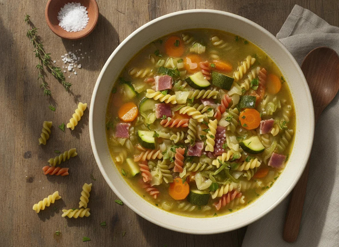 Sopa de pasta con verduras y jamón photo