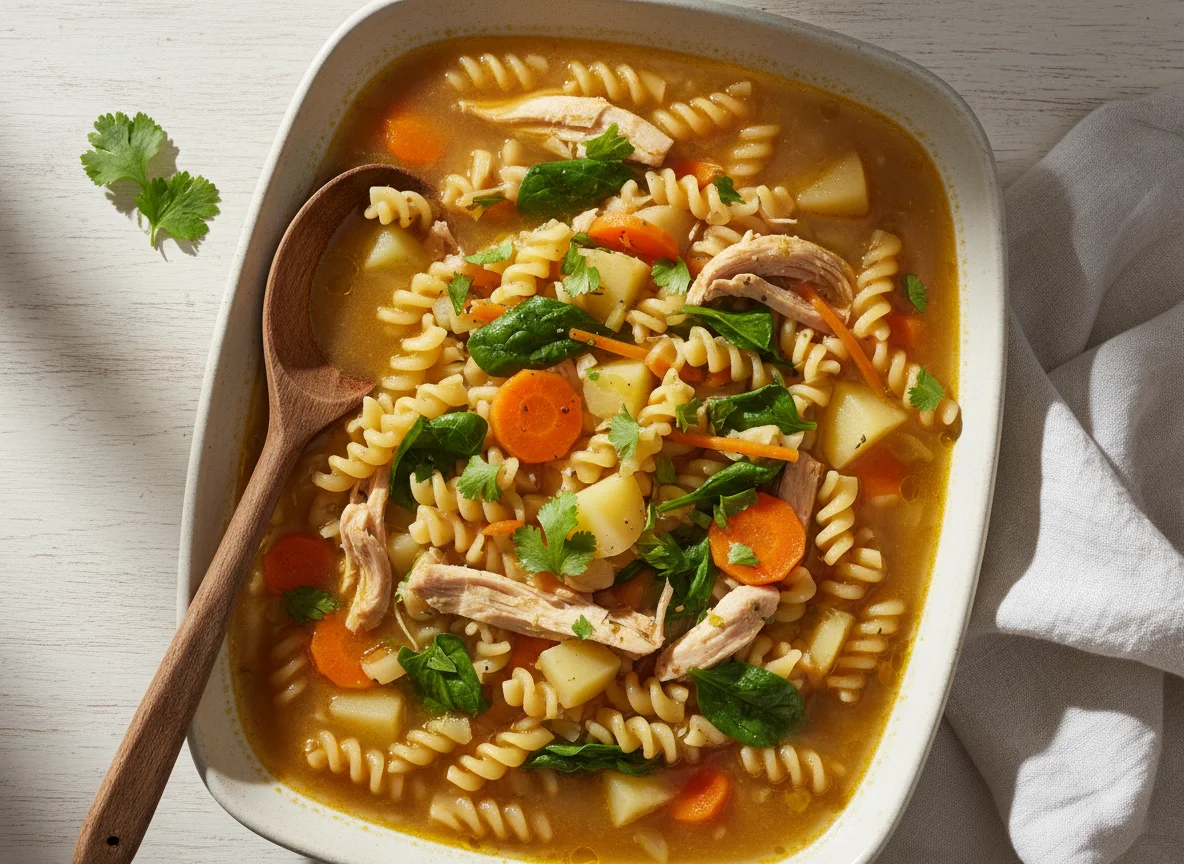 Sopa de pasta con verduras y pollo photo