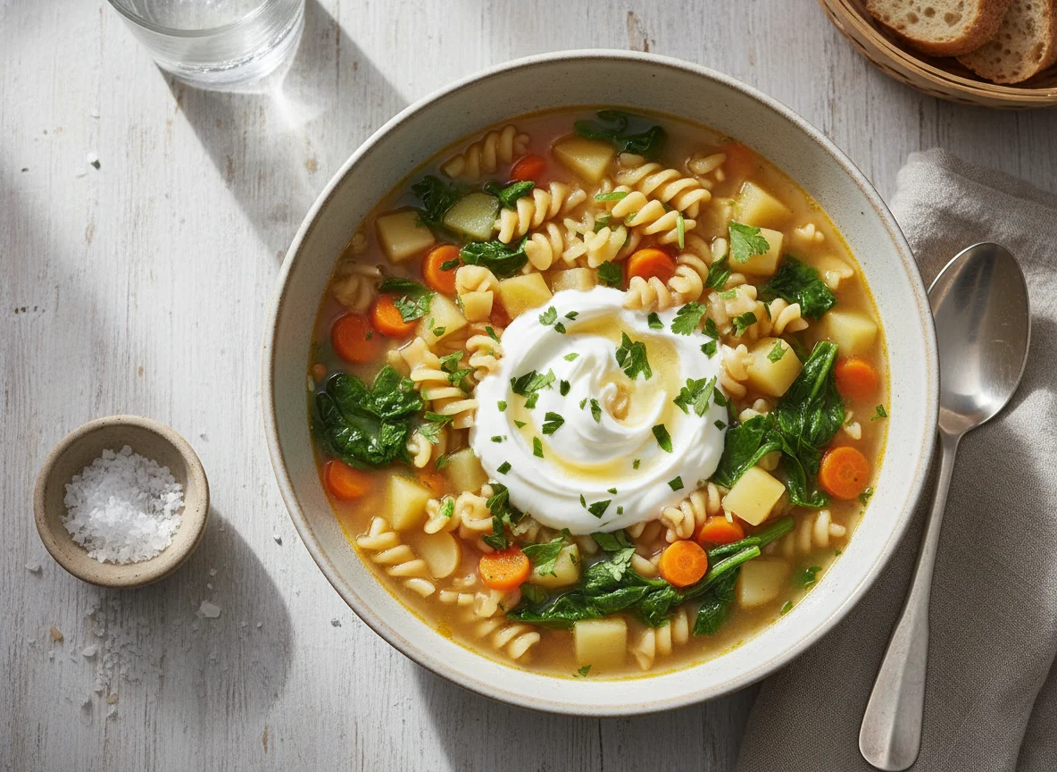 Sopa de pasta con verduras y yogur photo