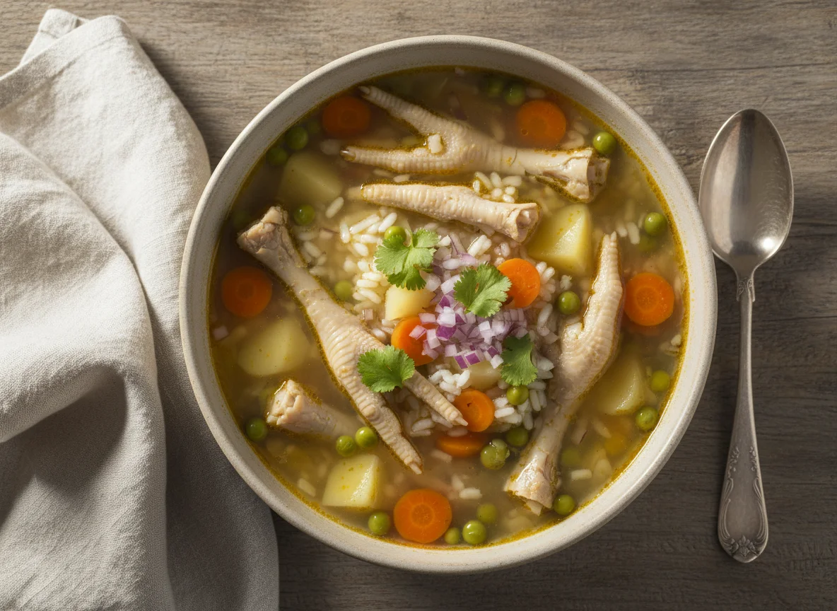 Sopa de patas de pollo con arroz y verduras photo