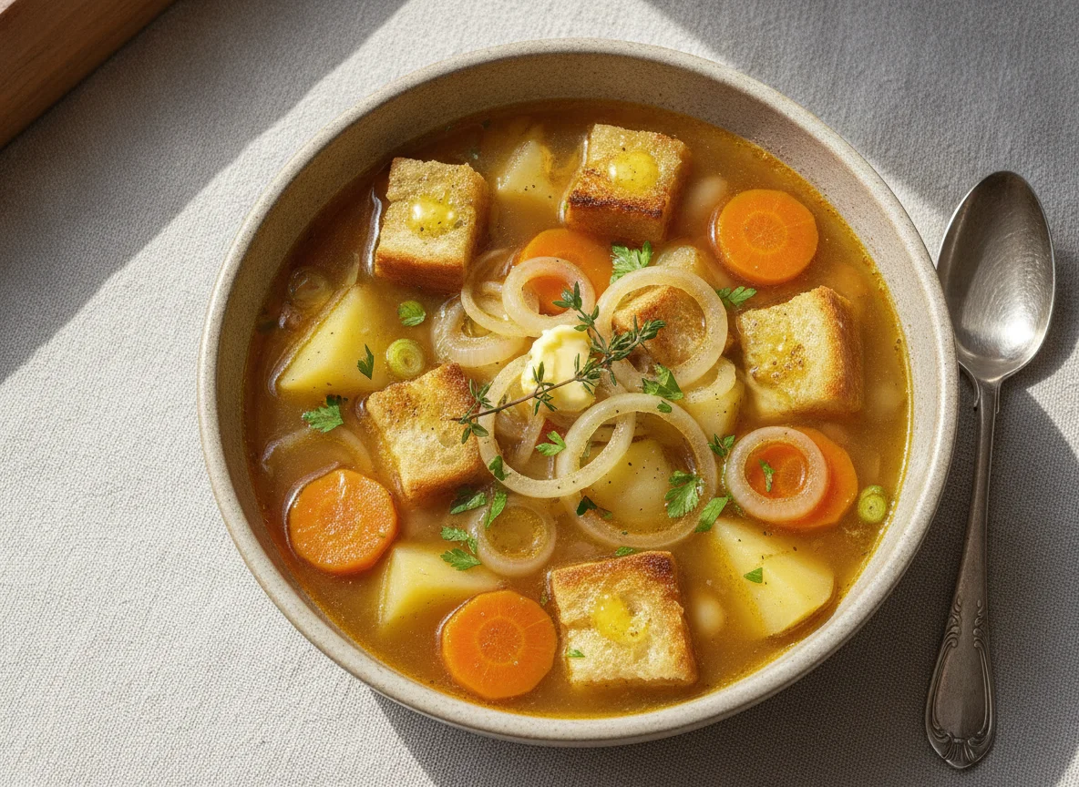 Sopa de patatas con pan y cebolla photo