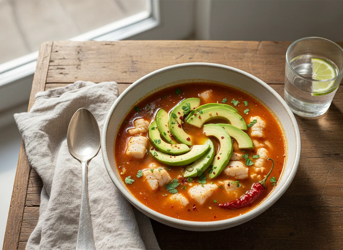 Sopa de pescado con aguacate photo