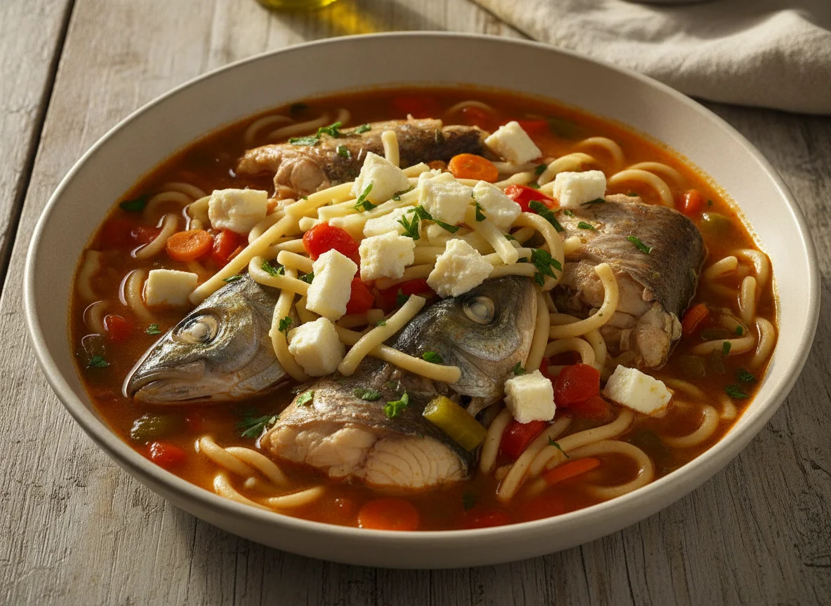 Sopa de pescado con fideos y queso photo