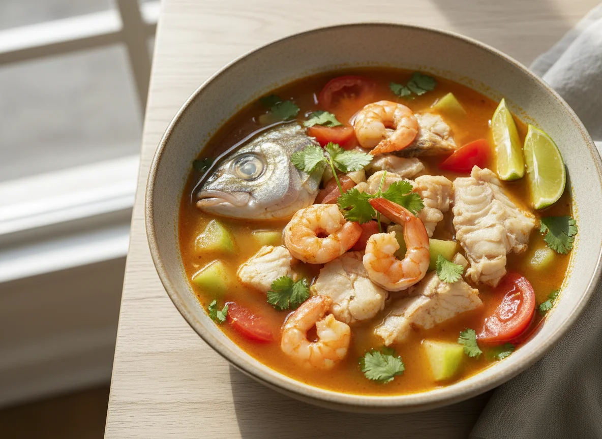 Sopa de pescado y camarones photo