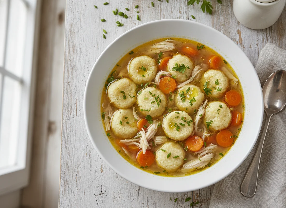 Sopa de pollo con albóndigas de sémola y zanahoria photo