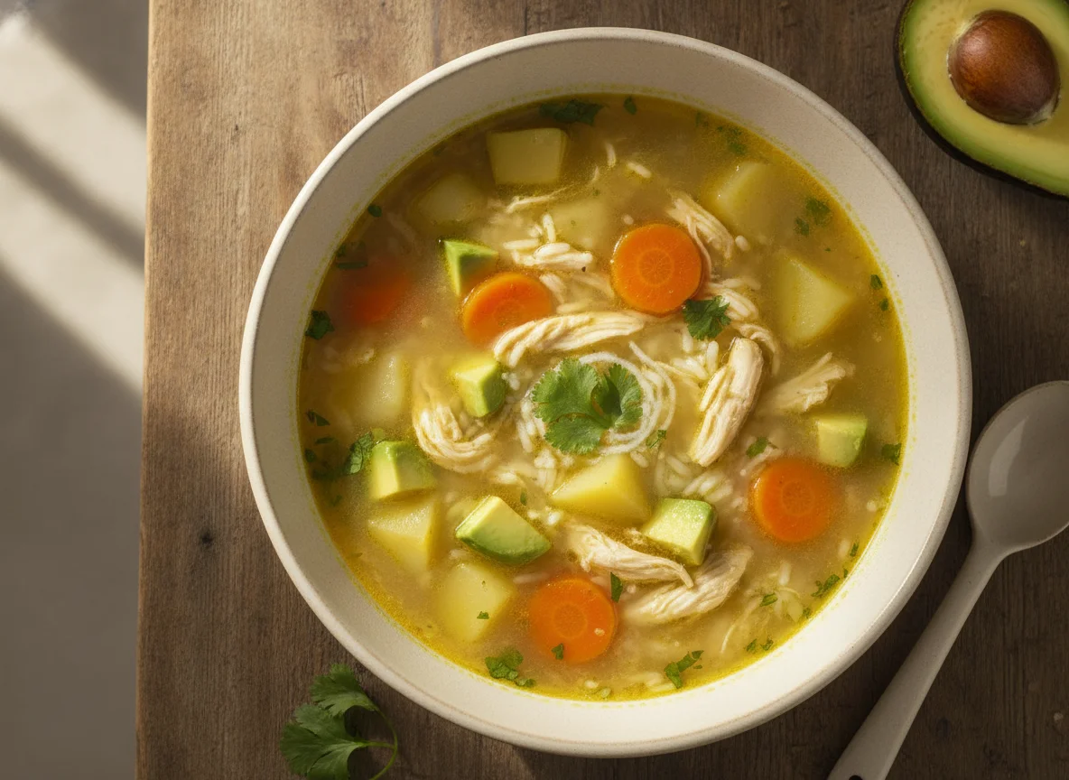 Sopa de pollo con arroz y aguacate photo