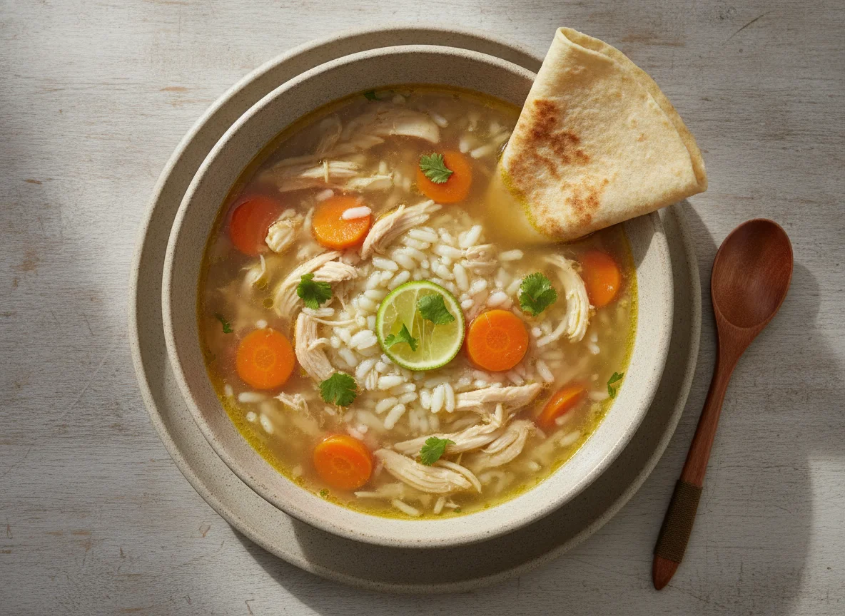Sopa de pollo con arroz y tortita de trigo photo
