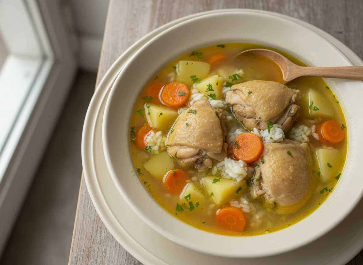 Sopa de pollo con arroz y vegetales photo