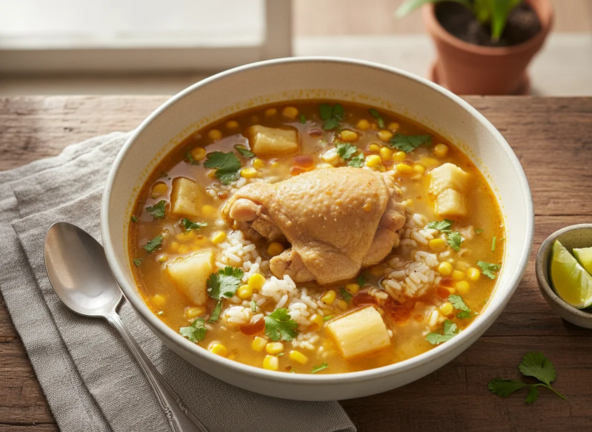 Sopa de pollo con arroz y yuca photo