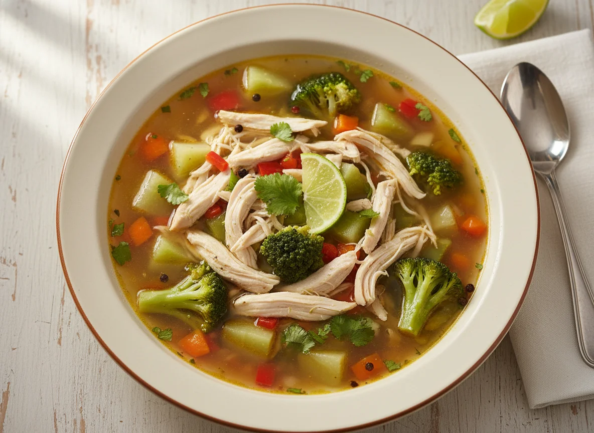 Sopa de pollo con brócoli y chayote photo