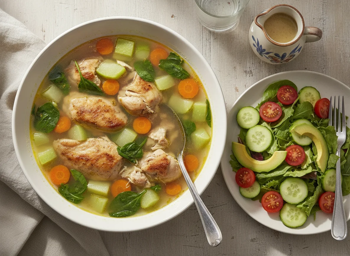 Sopa de pollo con ensalada fresca photo