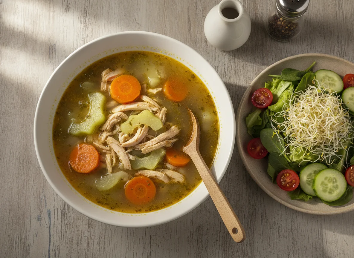 Sopa de pollo con ensalada y verduras photo