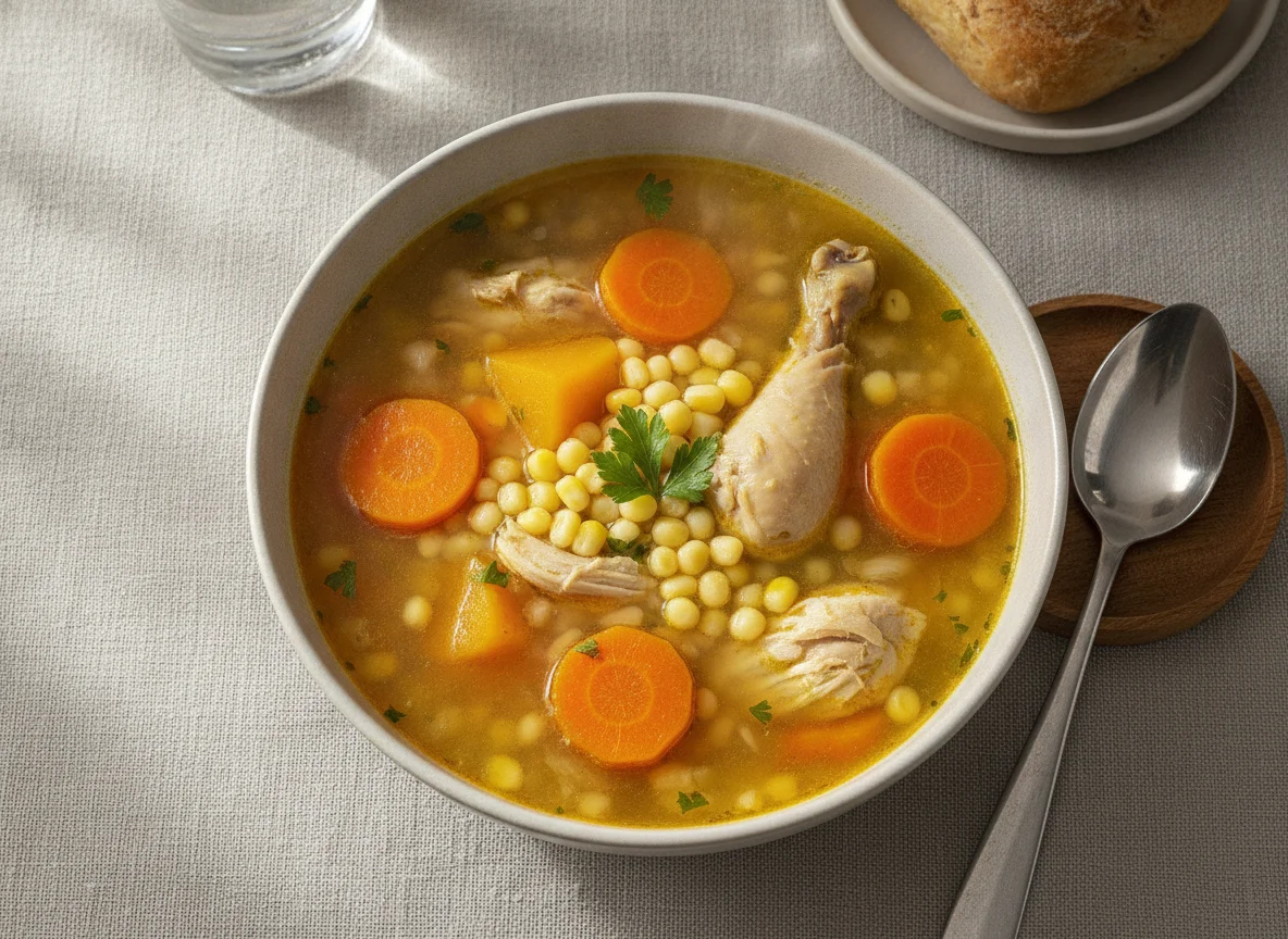 Sopa de pollo con fideos munición y verduras photo