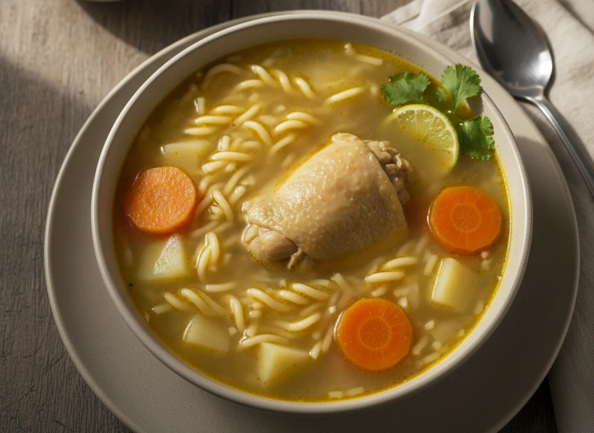 Sopa de pollo con fideos y arroz blanco photo